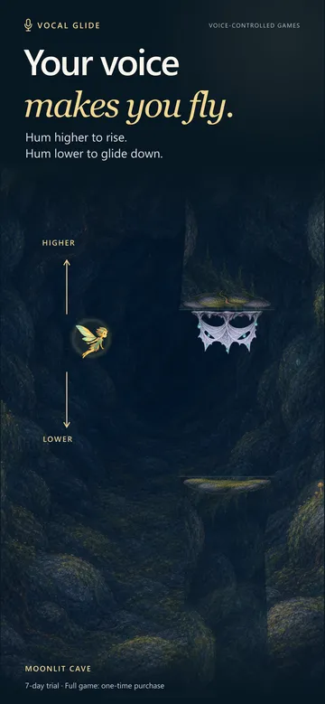 Your voice makes you fly: hum higher to rise and lower to glide down through Moonlit Cave.