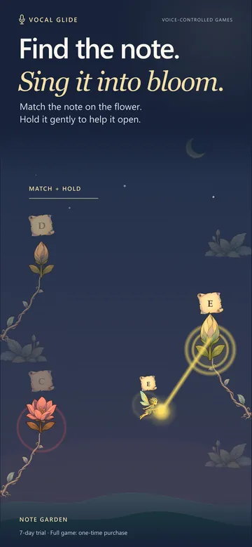 Find the note, sing it into bloom: match a flower's note and hold it gently in Note Garden.