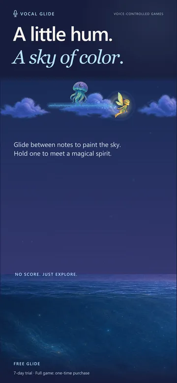 A little hum, a sky of color: glide between notes to paint the sky and hold a note to meet a spirit in Free Glide.